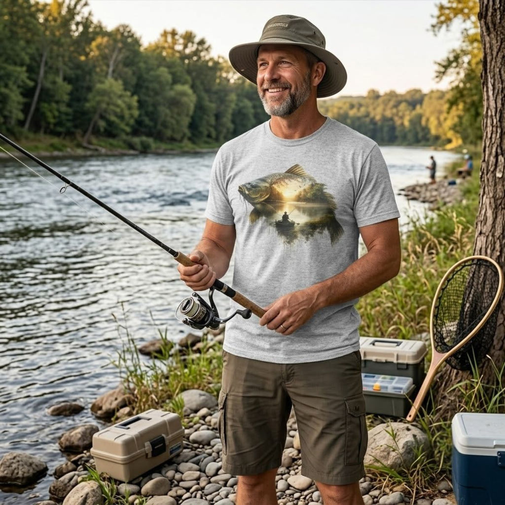 Man wearing a grey t-shirt with a nature-themed design, fishing on a riverbank.