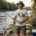 Man wearing a grey t-shirt with a nature-themed design, fishing on a riverbank.