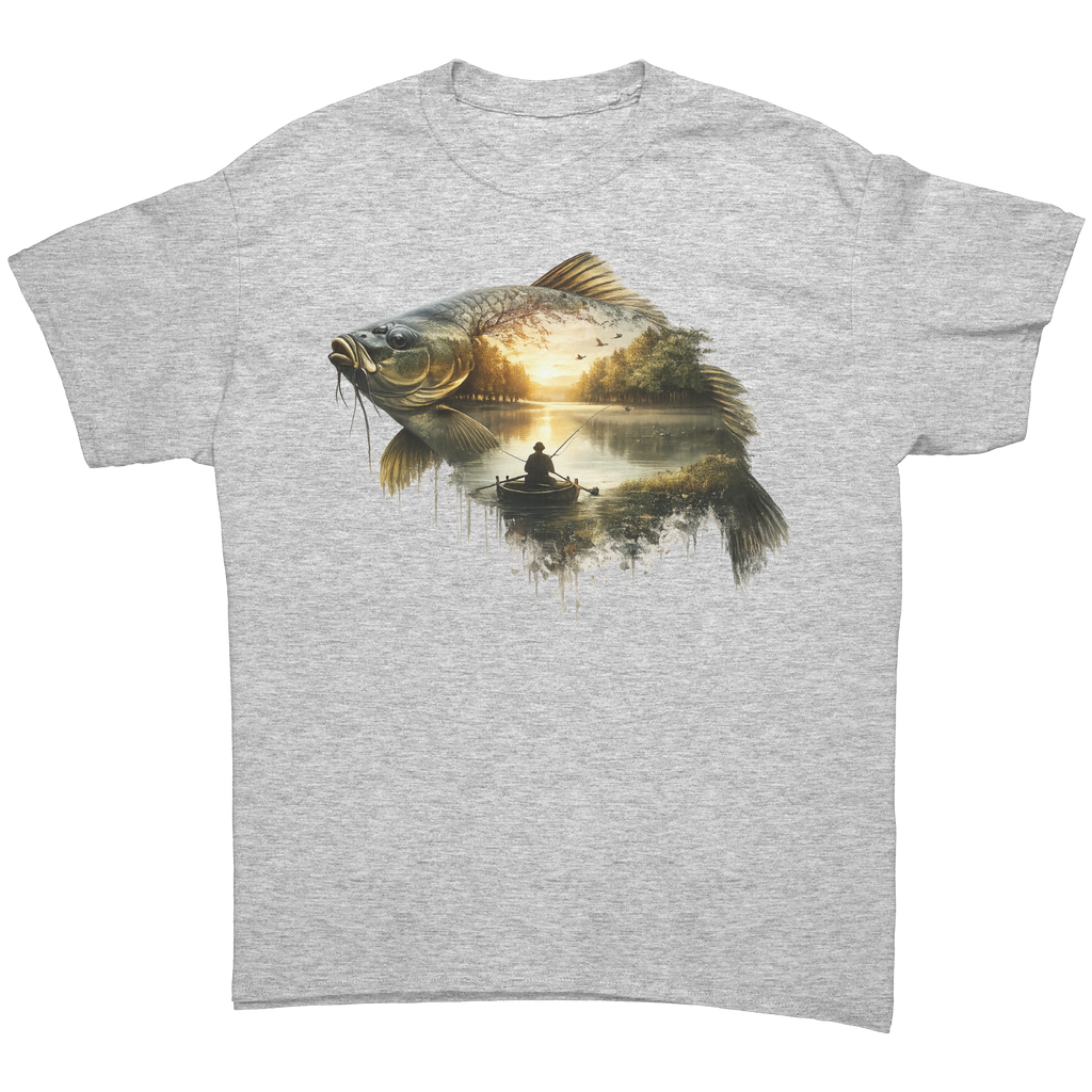 Grey t-shirt with a fish design featuring a sunset and a boat.