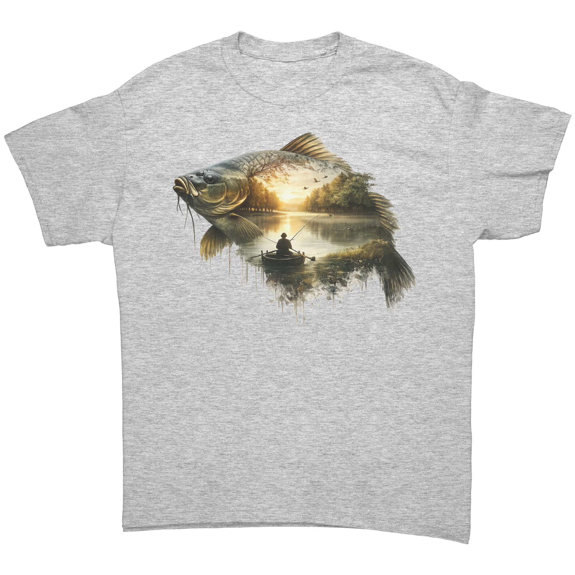 Grey t-shirt with a fish design featuring a sunset and a boat.