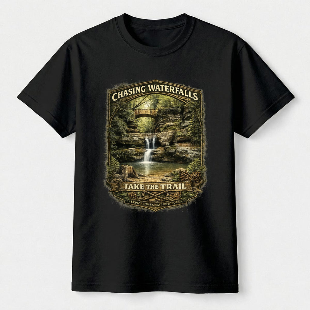 Black t-shirt with graphic design - Chasing Waterfalls Upper Old Man's Cave Shirt on a white background.