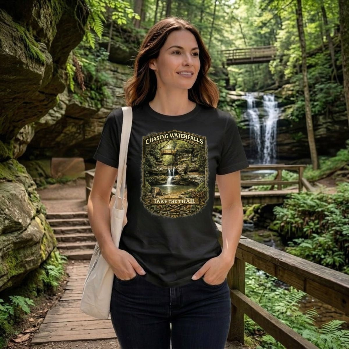 Woman wearing a black t-shirt with graphic design - Chasing Waterfalls Upper Old Man's Cave Shirt, in a nature park.