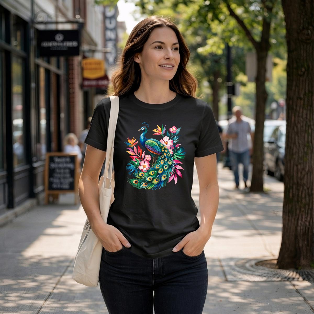 Woman wearing a black t-shirt with a peacock graphic design.
