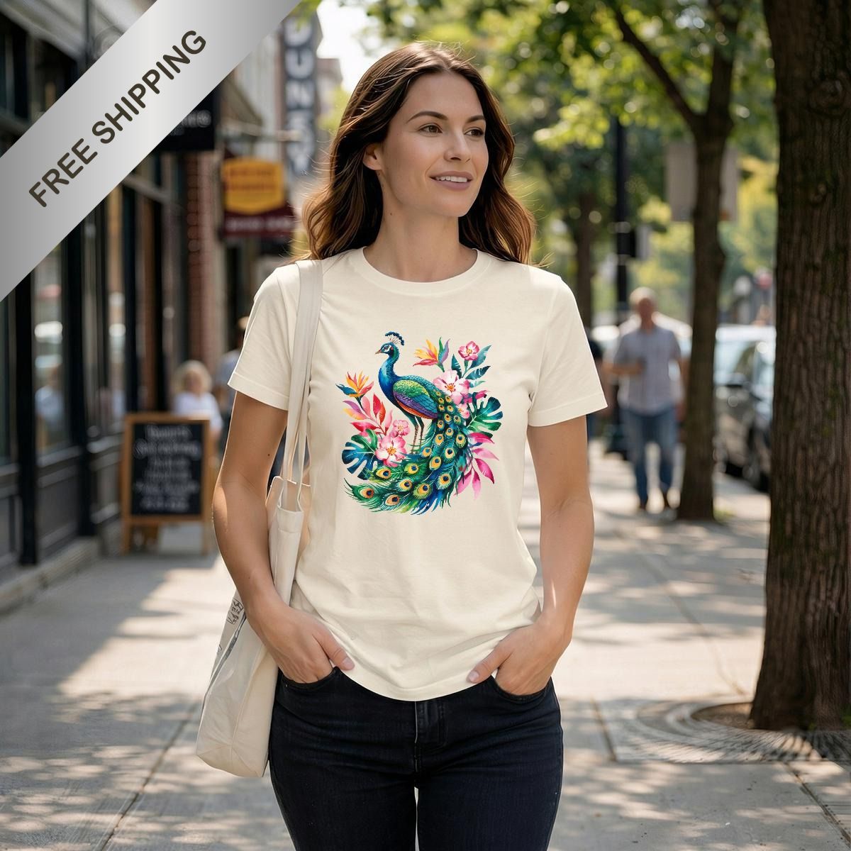 Woman wearing a natural-colored tee with a peacock graphic design.