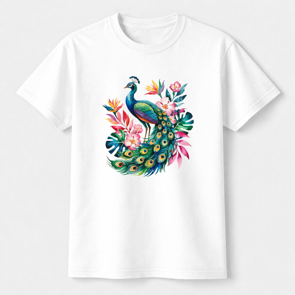 White t-shirt with a colorful peacock design on a white background