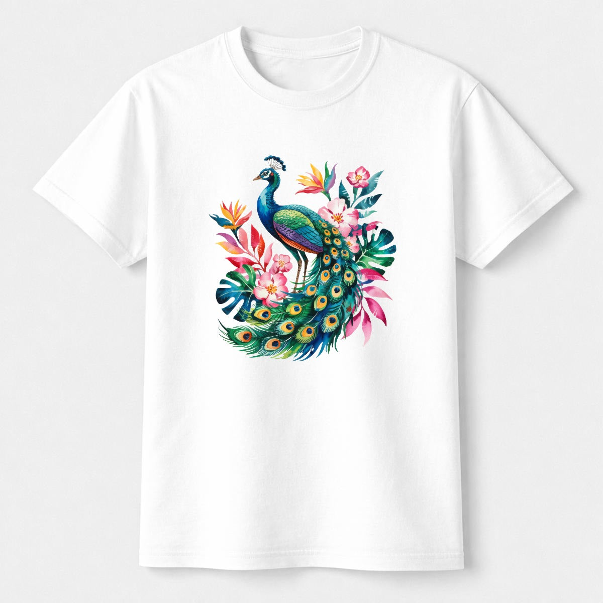 White t-shirt with a colorful peacock design on a white background