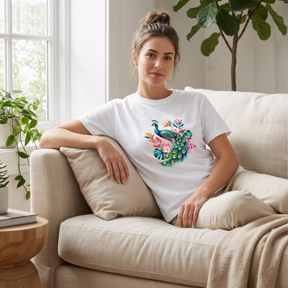 Woman sitting on a couch wearing a white t-shirt with a peacock design.