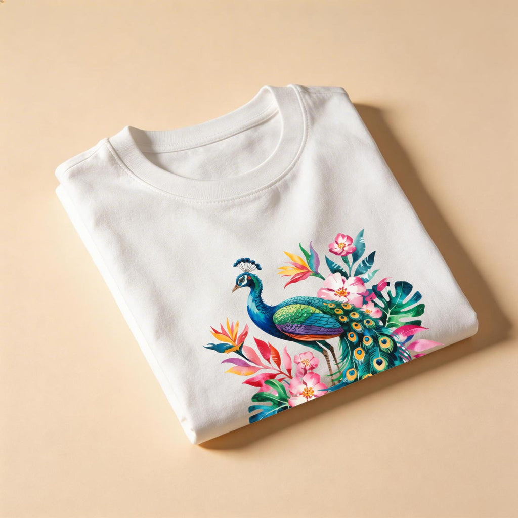 Folded, white tee with a peacock design and text on a beige background.