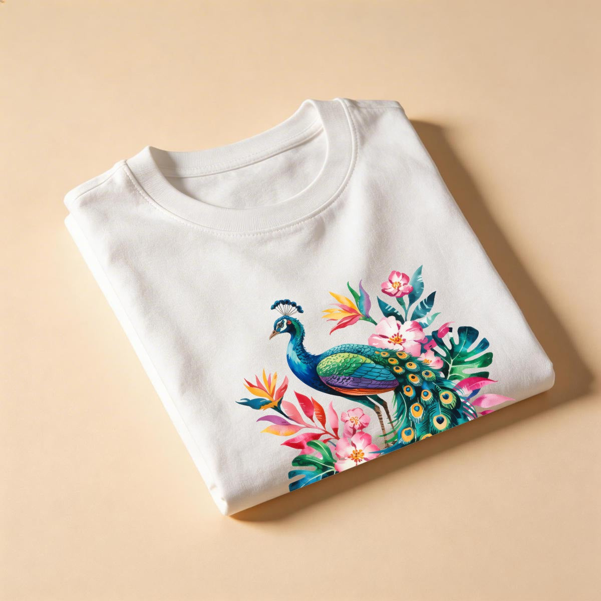 Folded, white tee with a peacock design and text on a beige background.