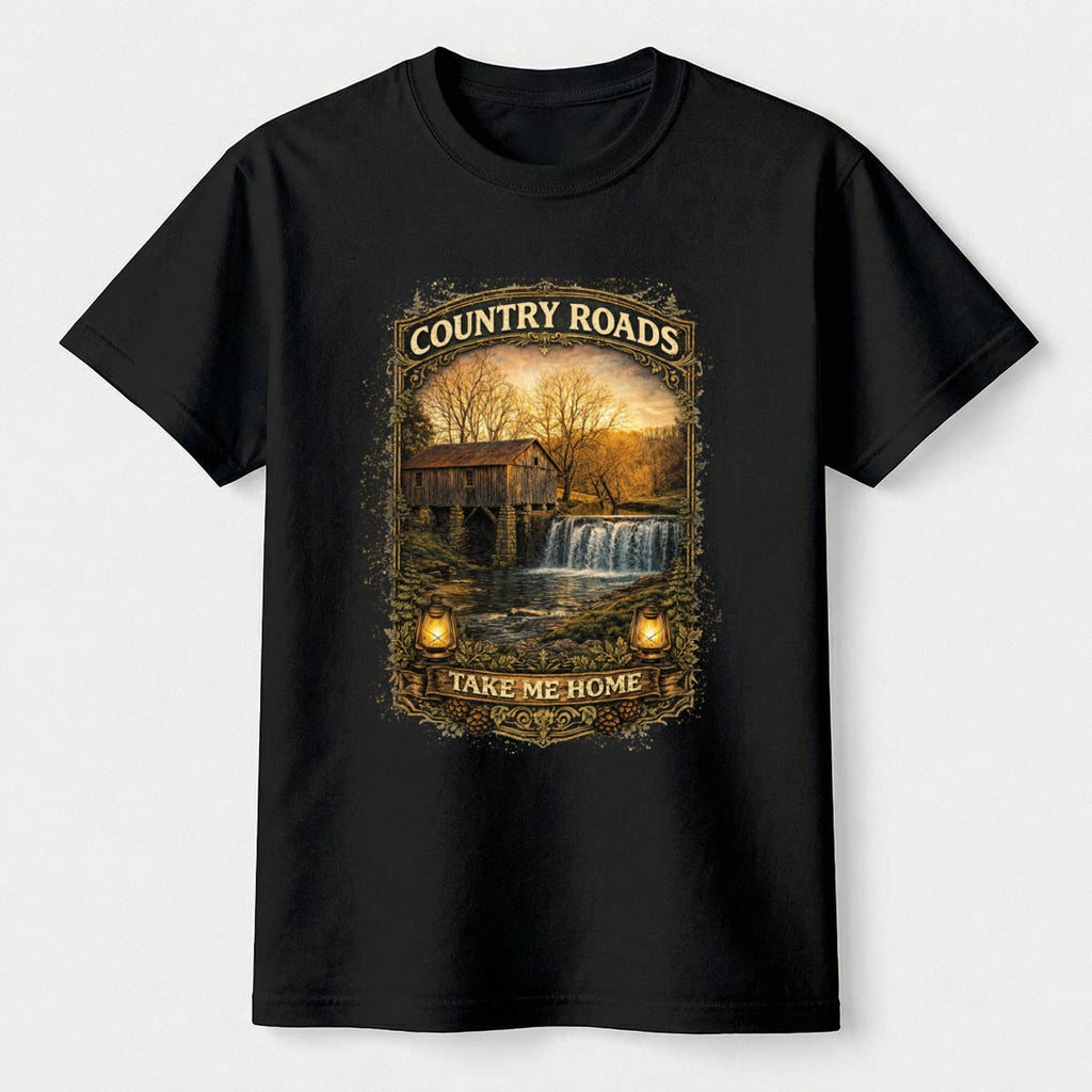 Black t-shirt with graphic design -Country Roads-Take Me Home Shirt on a white background.