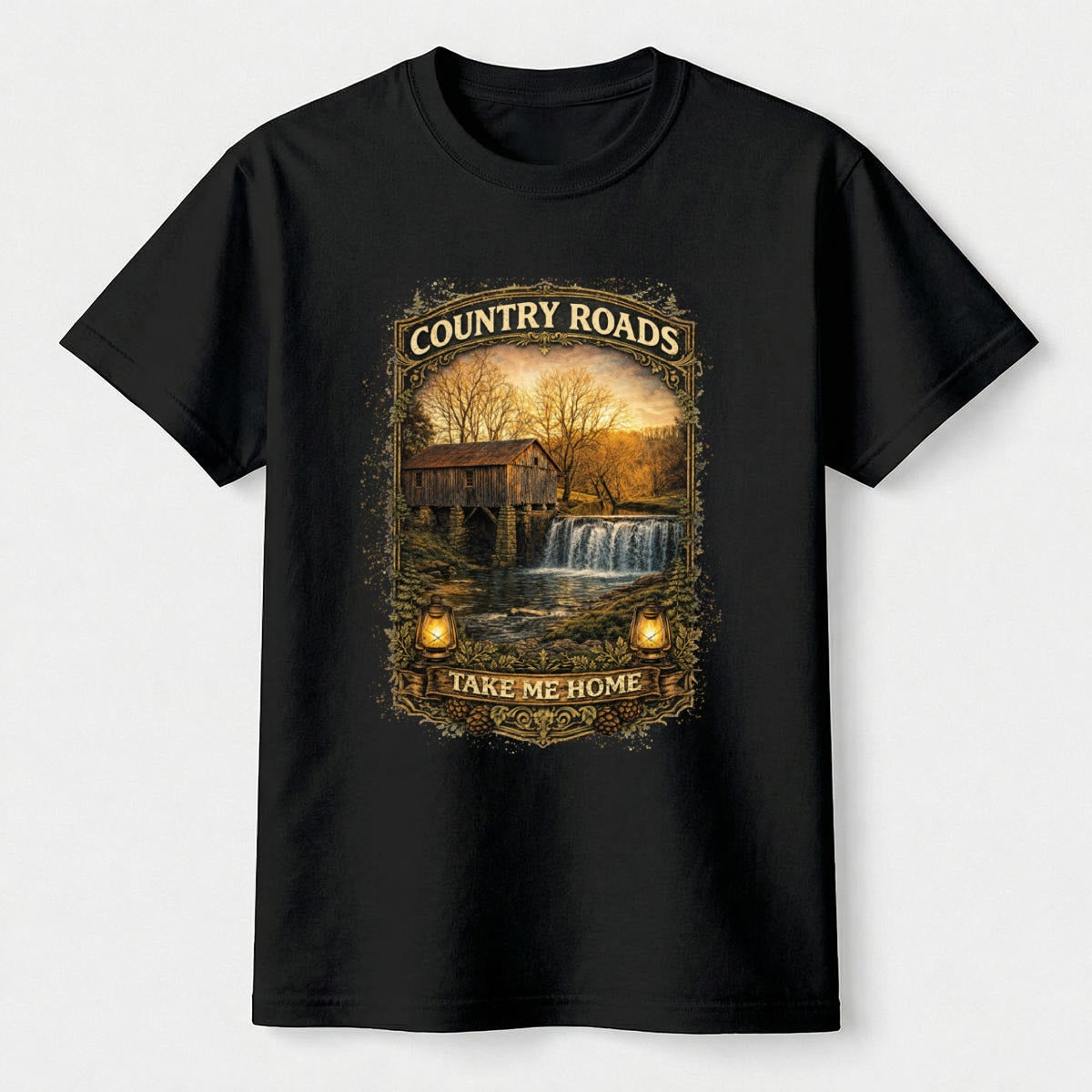 Black t-shirt with graphic design -Country Roads-Take Me Home Shirt on a white background.