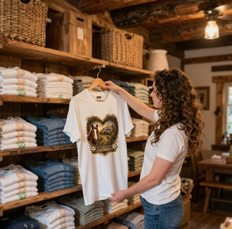 Woman holding up a custom printed t-shirt.
