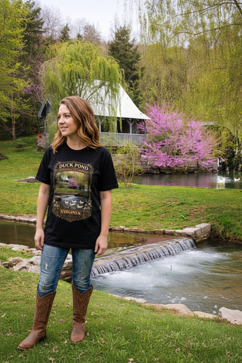 Woman wearing Duck Pond Pennington Gap Virginia black graphic tee outdoors.