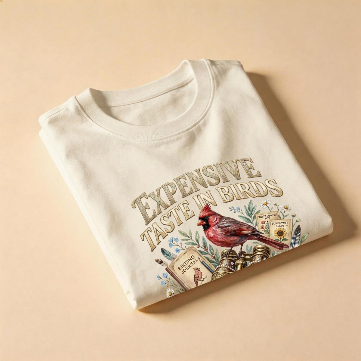 Folded, natural-colored tee with bird-themed design and text on a beige background.