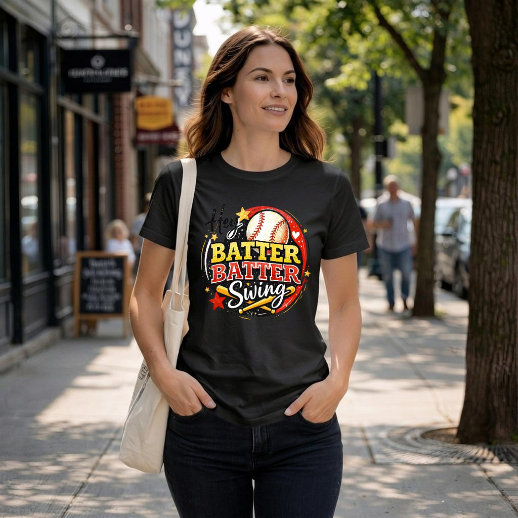 Woman wearing a graphic tee with text -hey-batter-batter-swing on a city sidewalk.