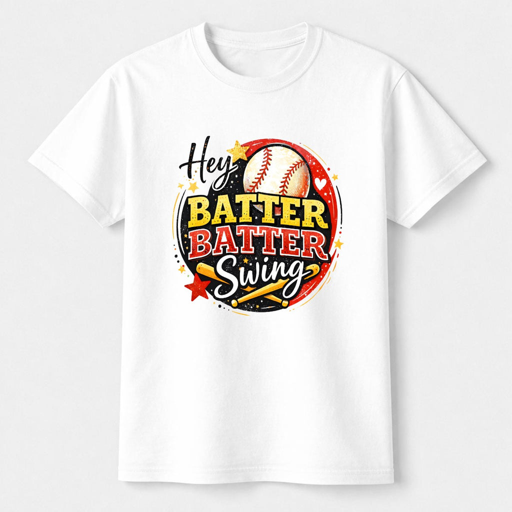 White t-shirt with a baseball-themed graphic and text on a white background.