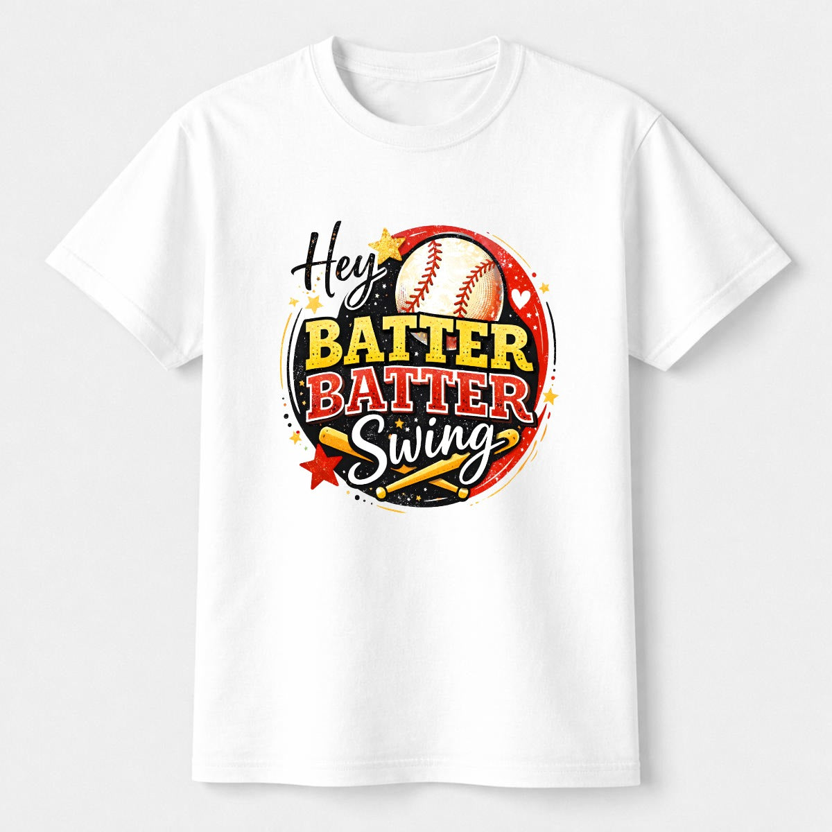 White t-shirt with a baseball-themed graphic and text on a white background.