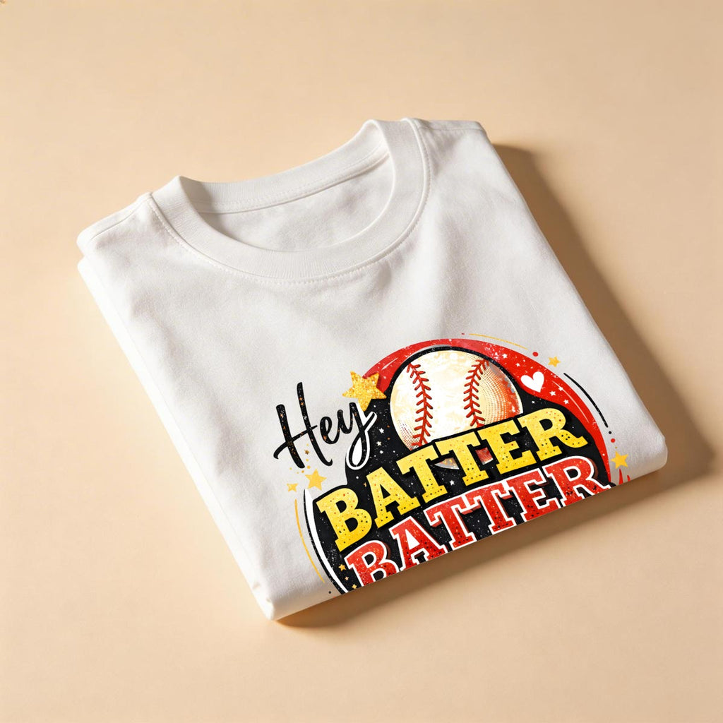 White t-shirt with 'Hey Batter Batter' graphic design, folded on a beige background.