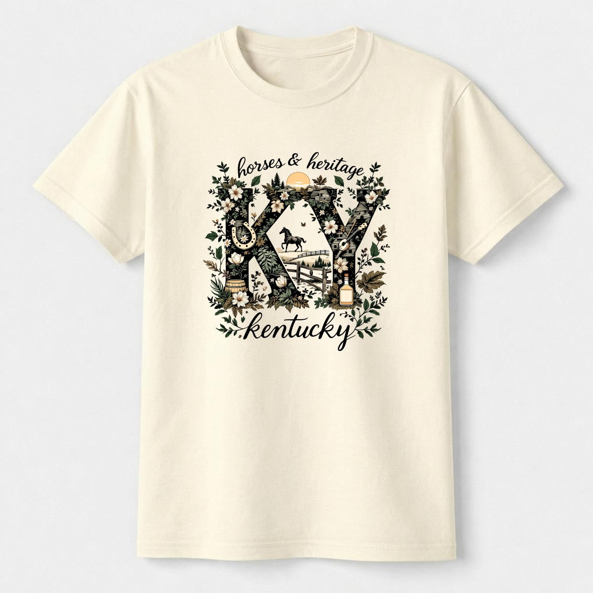 Natural-colored t-shirt with a Kentucky-horses-heritage graphic and text on a white background.