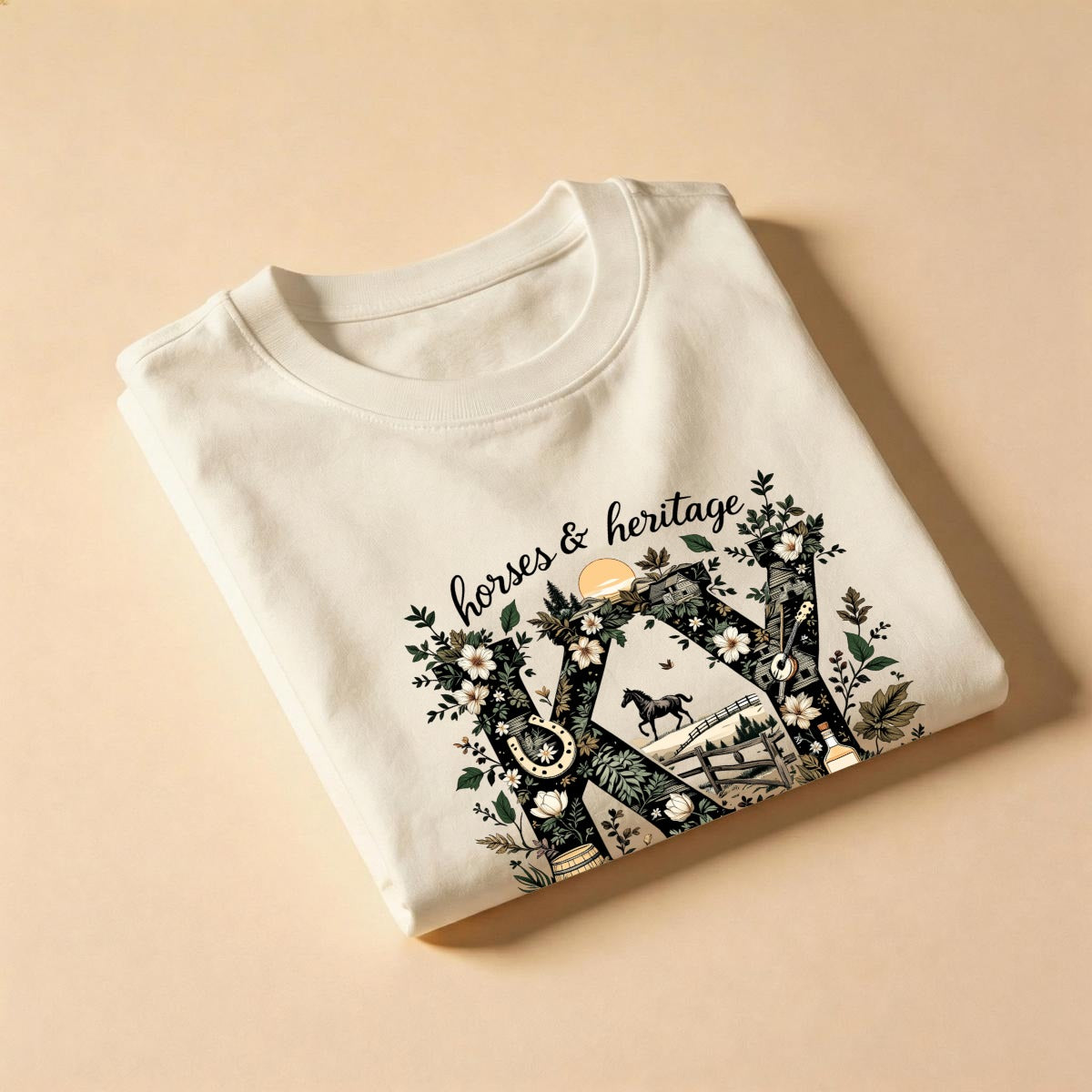 Plain natural-colored t-shirt folded on a light gray background.
