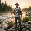 Man fishing by a river with sunset in the background