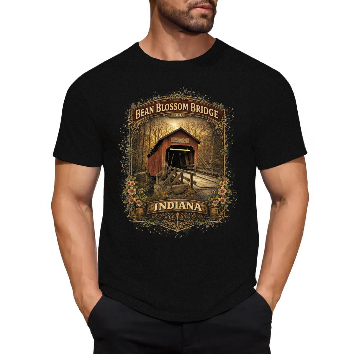 Men wearing a black t-shirt of a vintage graphic bean blossom bridge Shirt.