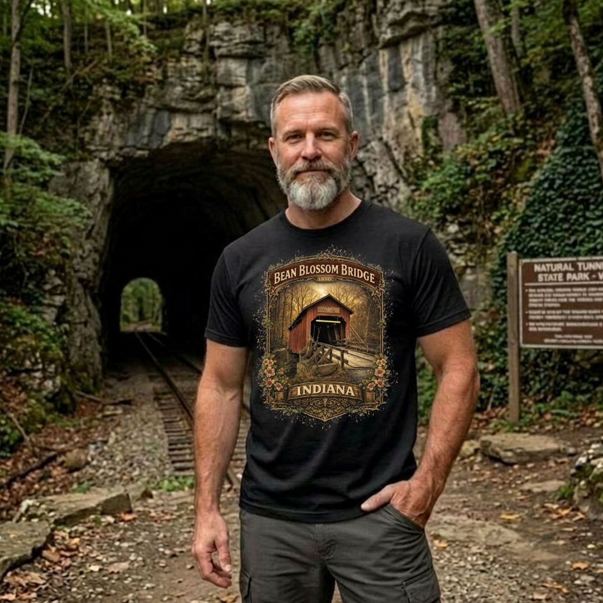 Man wearing a black t-shirt with graphic design - bean blossom bridge Shirt, in a nature park.
