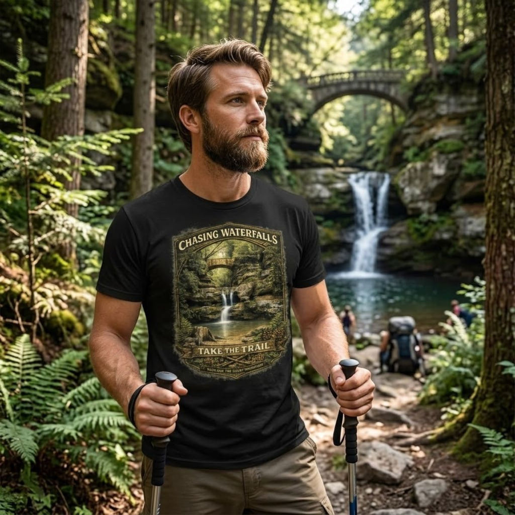 Man wearing a black t-shirt with graphic design - Chasing Waterfalls Upper Old Man's Cave Shirt, in a nature park.