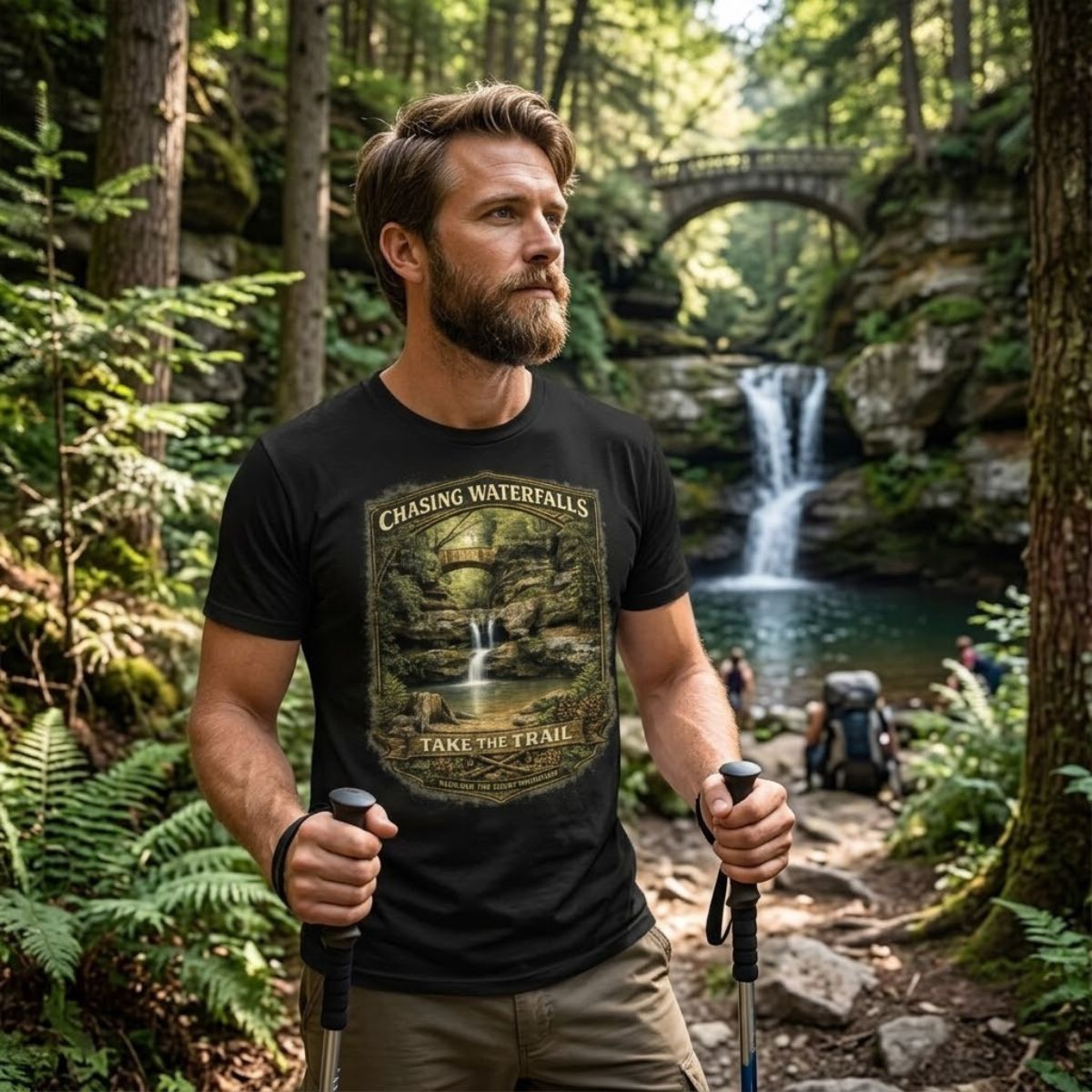 Man wearing a black t-shirt with graphic design - Chasing Waterfalls Upper Old Man's Cave Shirt, in a nature park.