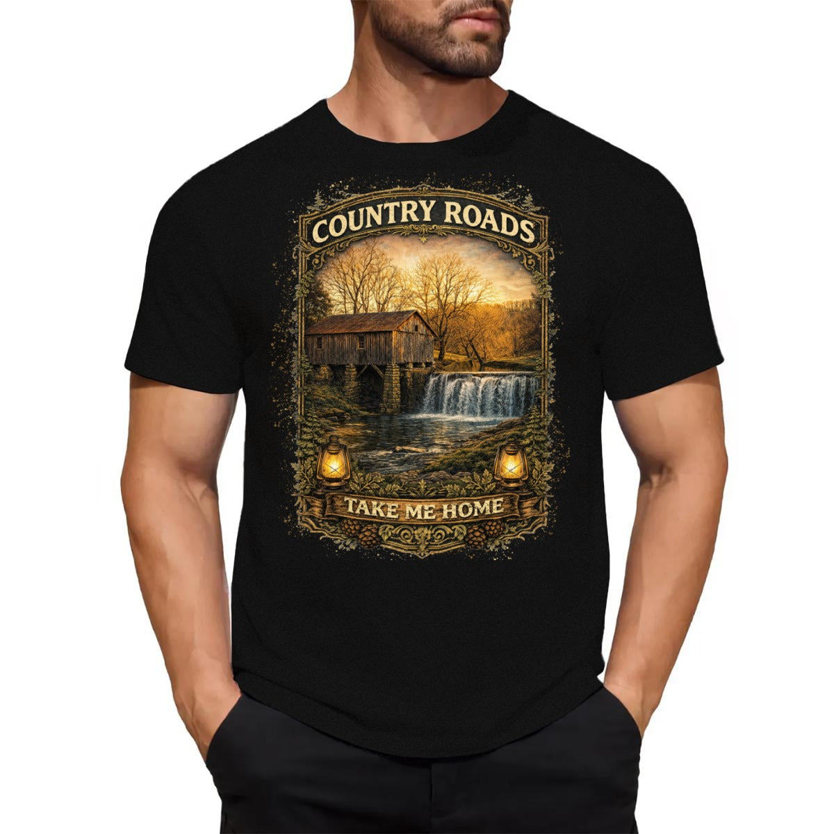Man wearing a black t-shirt of a vintage graphic-Country Roads-Take Me Home Shirt.
