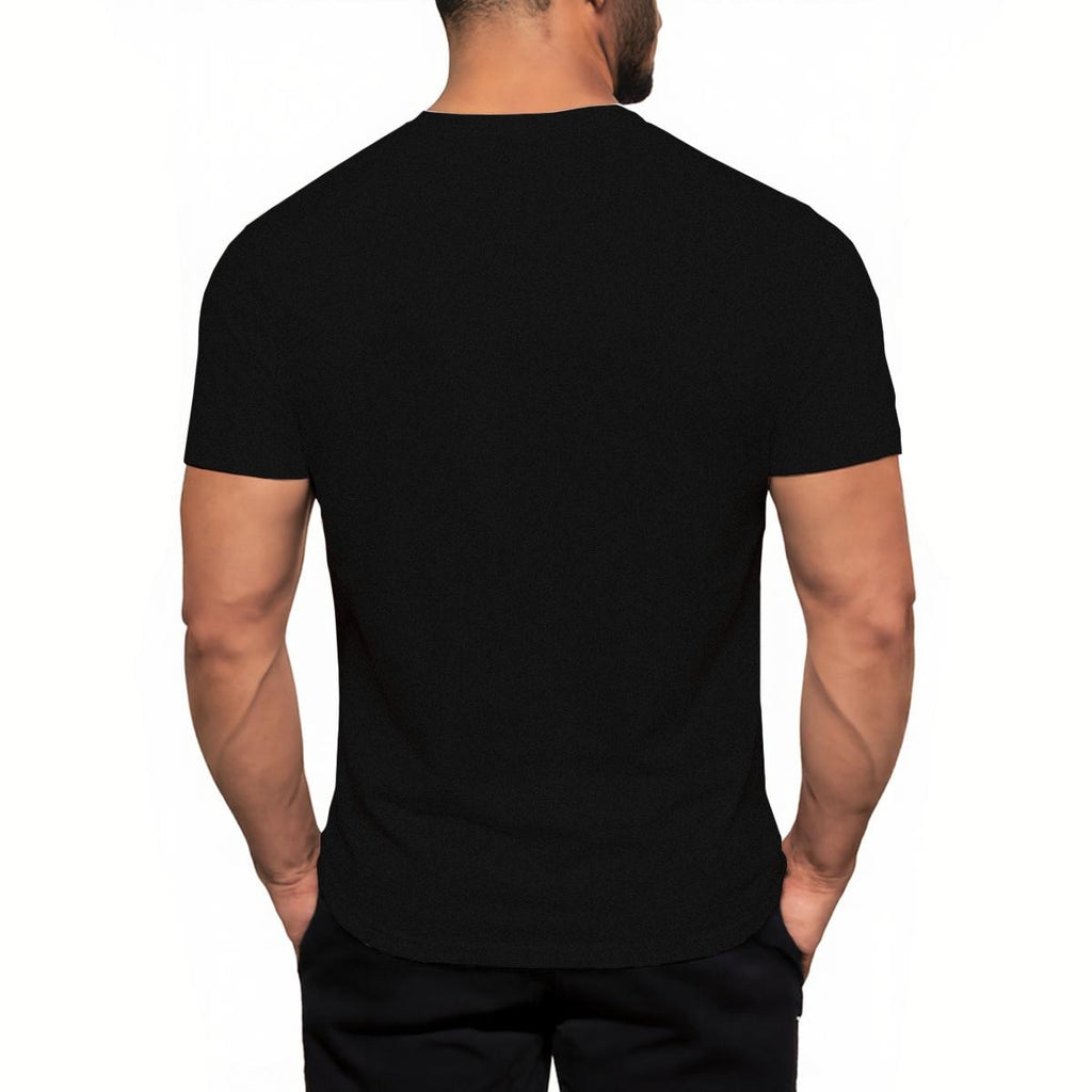 Person wearing a black t-shirt on a white background,
