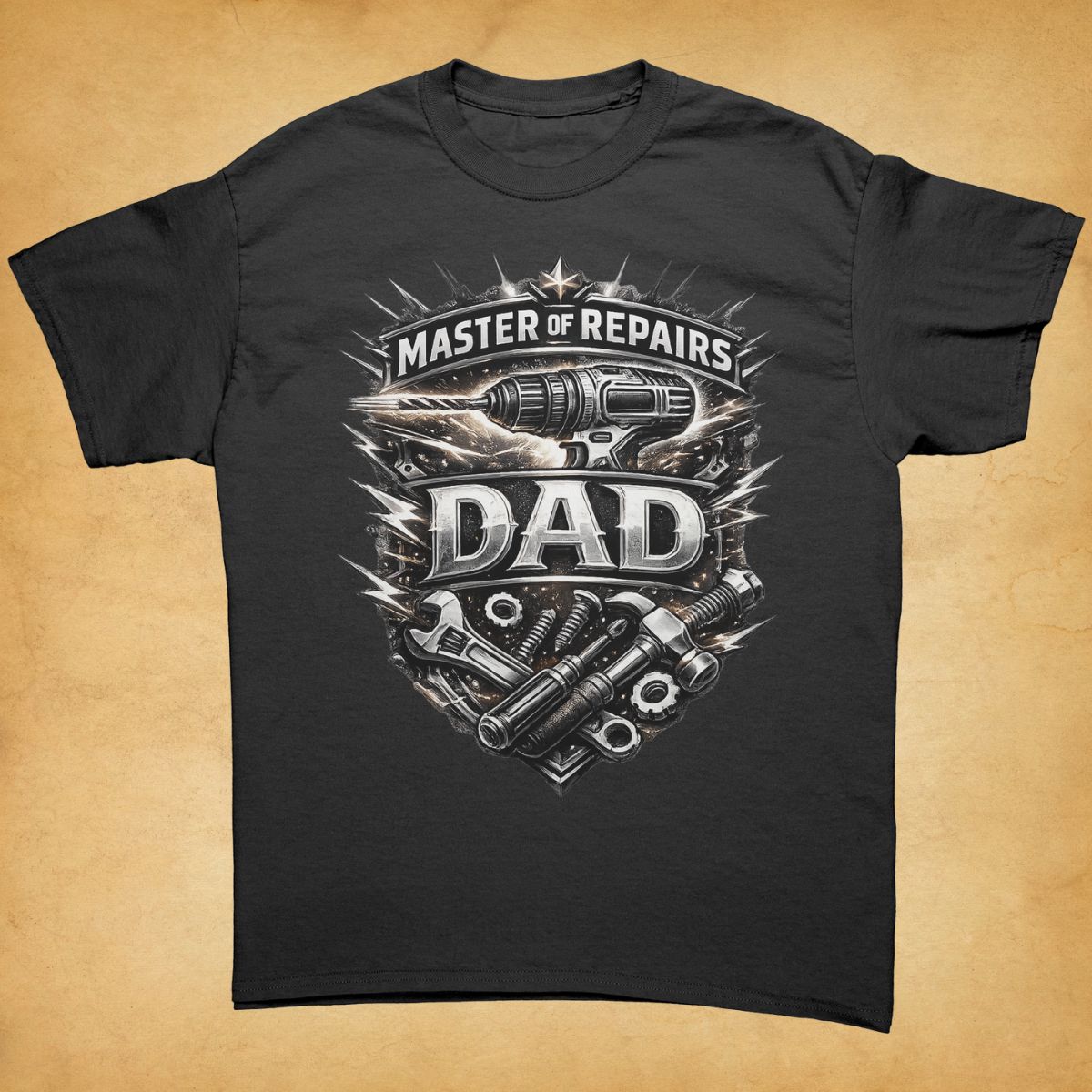 Black t-shirt with Master of Repairs Dad graphic design on a beige background.