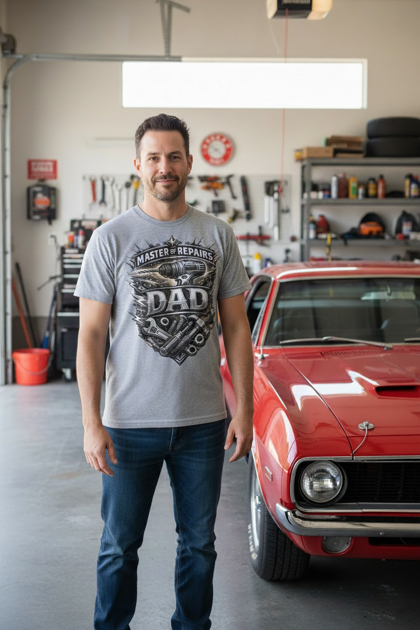 Man wearing Master of Repairs Dad t-shirt standing next to a red car in garage.