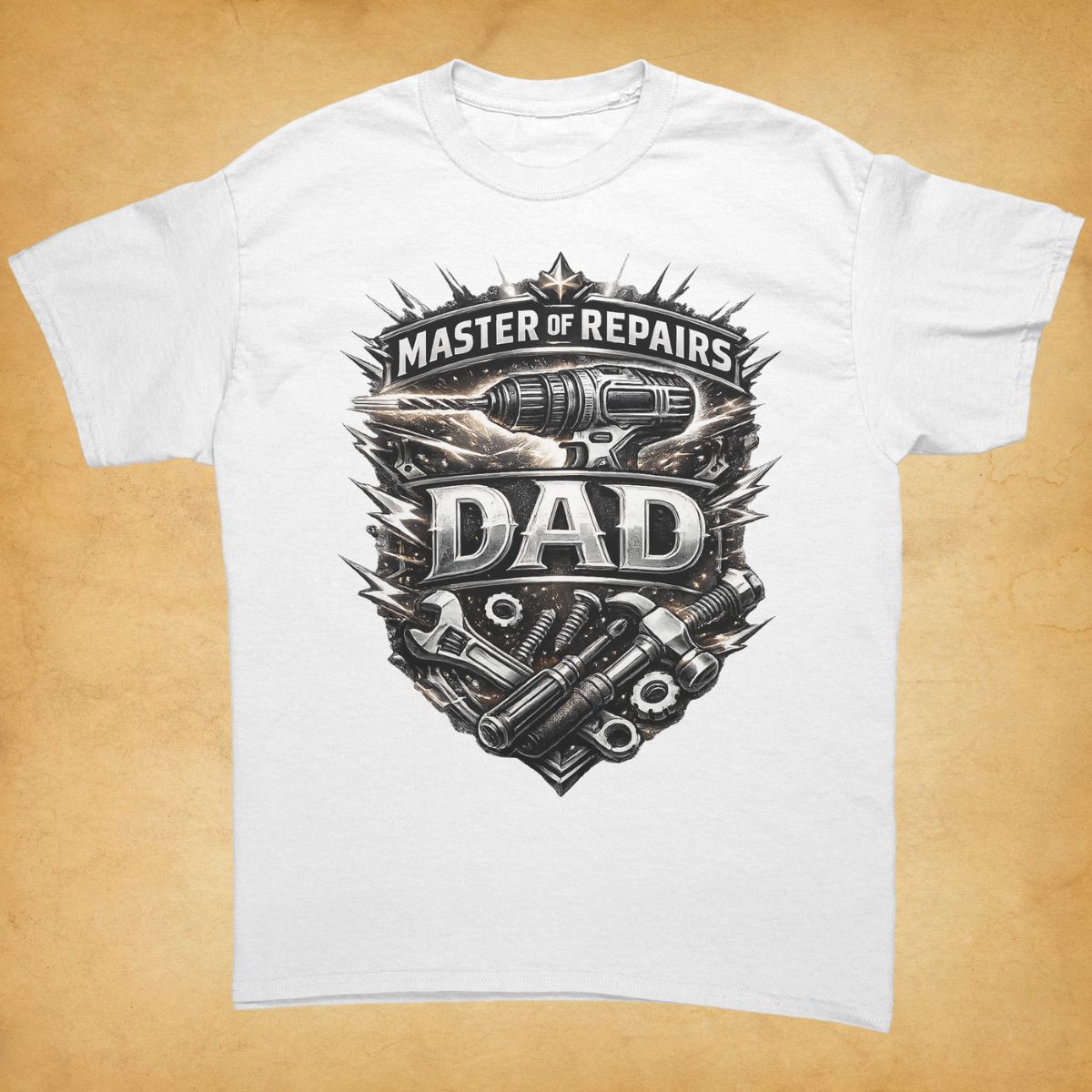 White t-shirt with Master of Repairs DAD graphic design on a beige background.