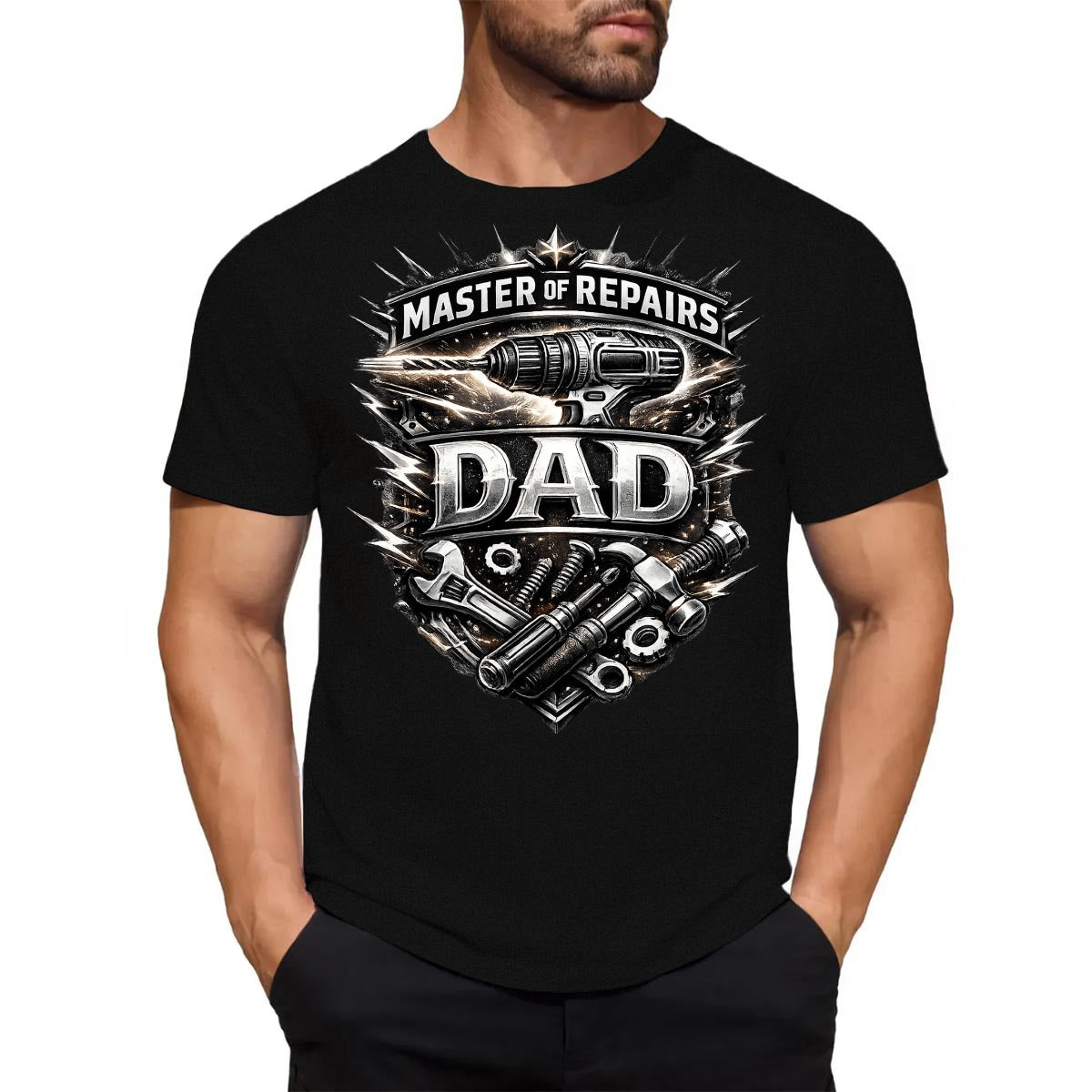 Black t-shirt with Master of Repairs DAD graphic design worn by a person.
