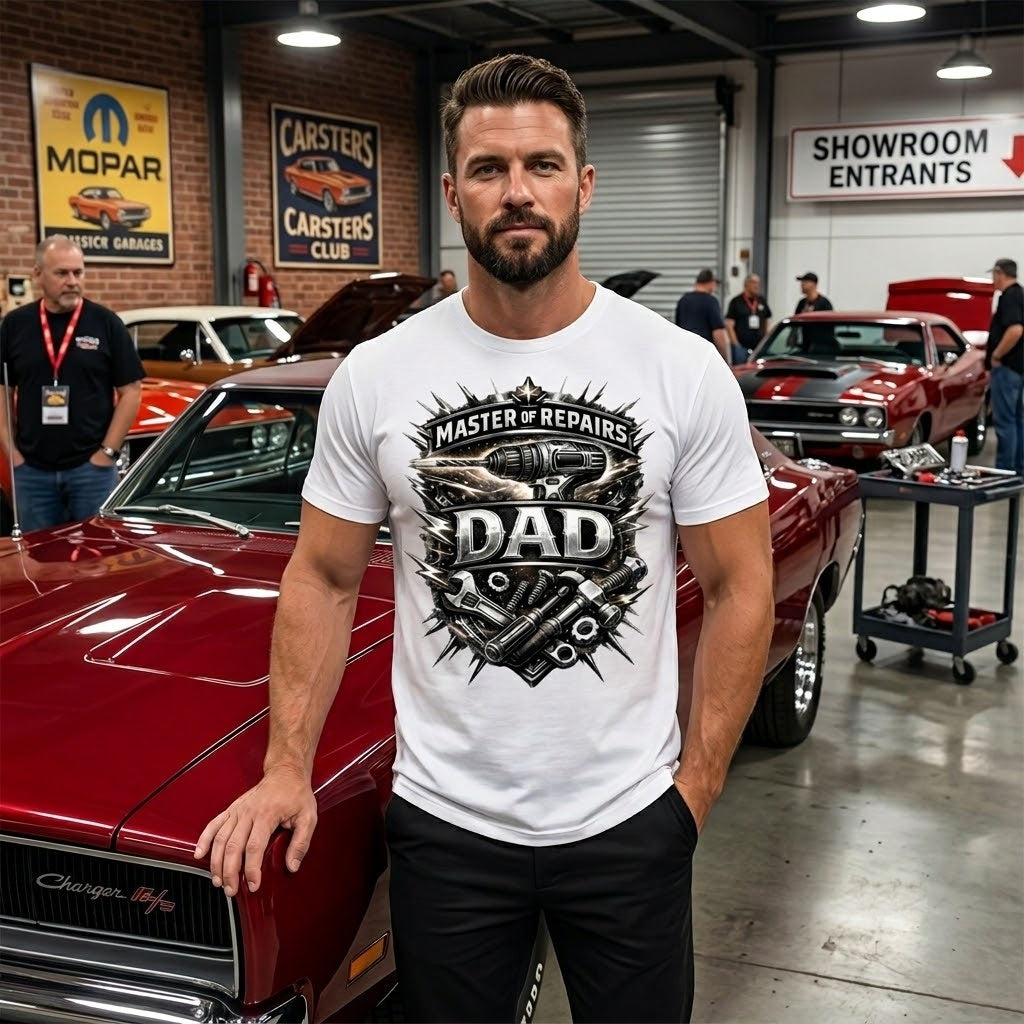 Man wearing a Master of Repairs Dad t-shirt standing next to a red car in a garage.