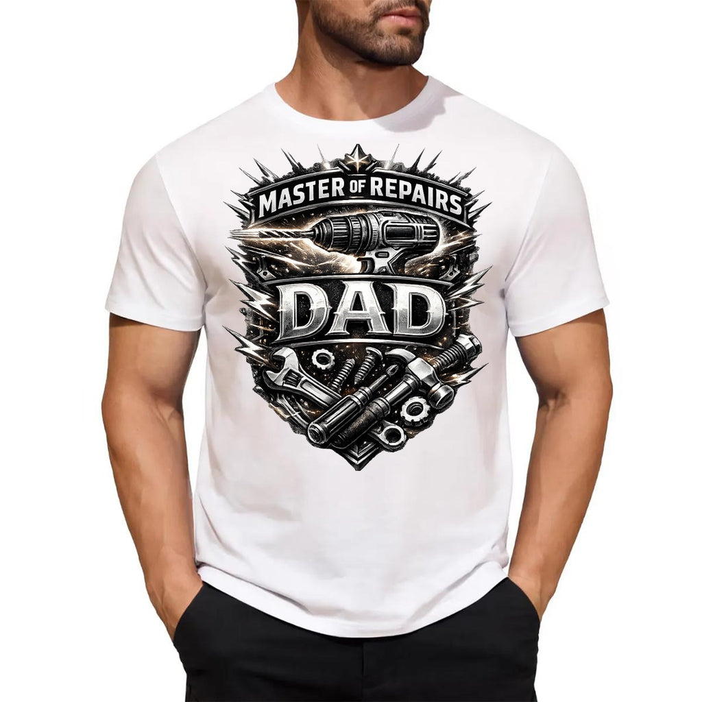 White t-shirt with Master of Repairs DAD graphic design worn by a person.