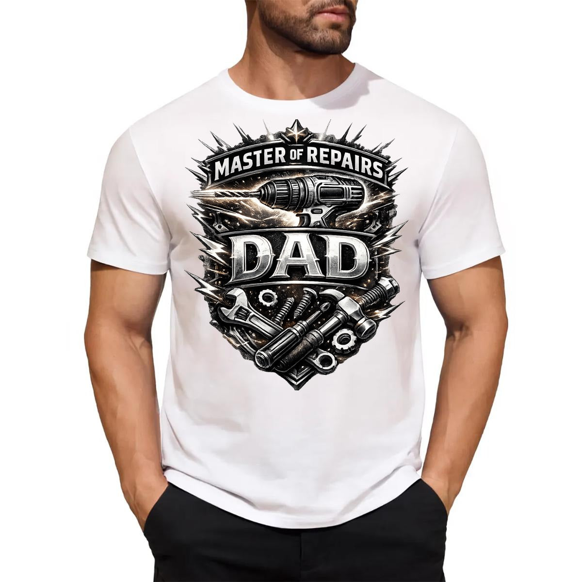 White t-shirt with Master of Repairs DAD graphic design worn by a person.