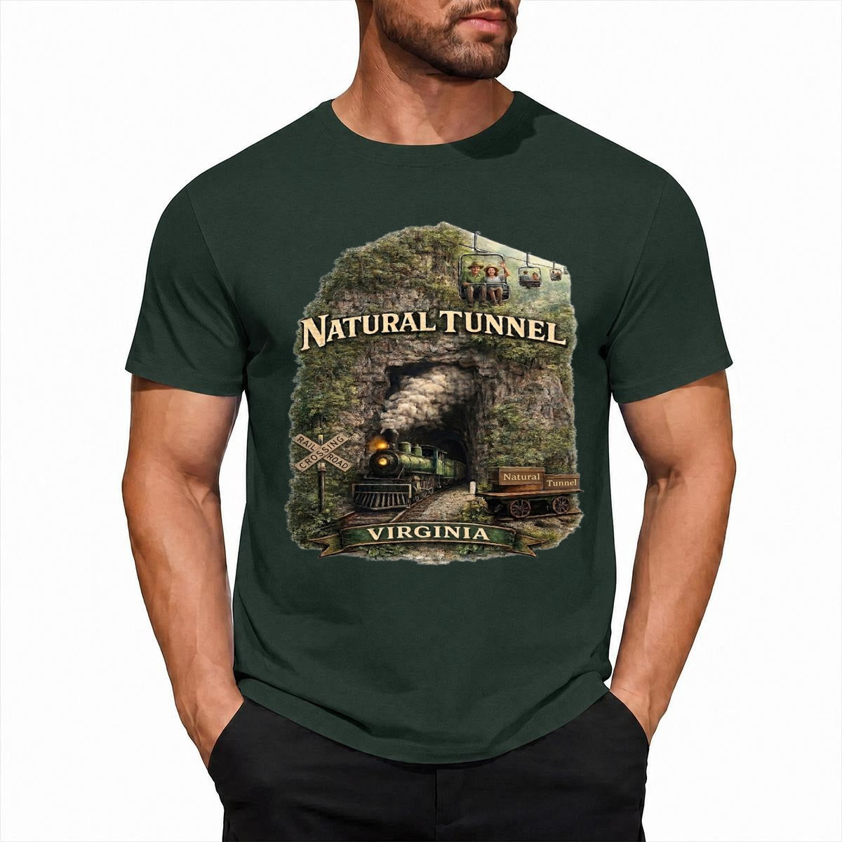 Close-up of a man wearing a vintage-style graphic with a steam train on a dark green shirt.