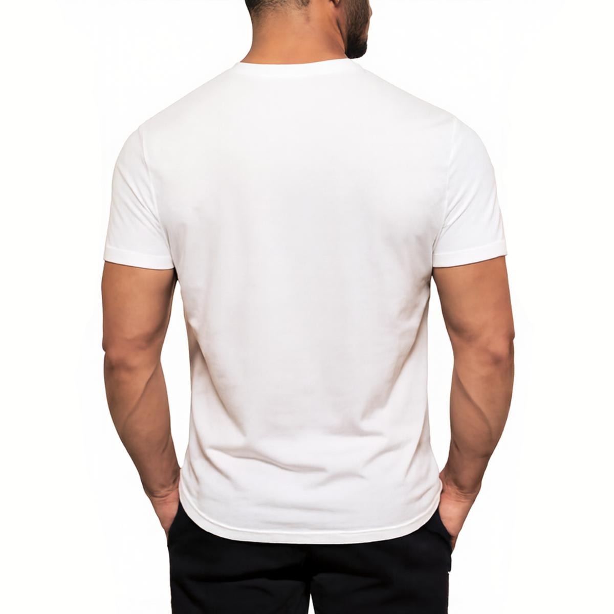 Close-up of a man modeling a back view of a plain white shirt.
