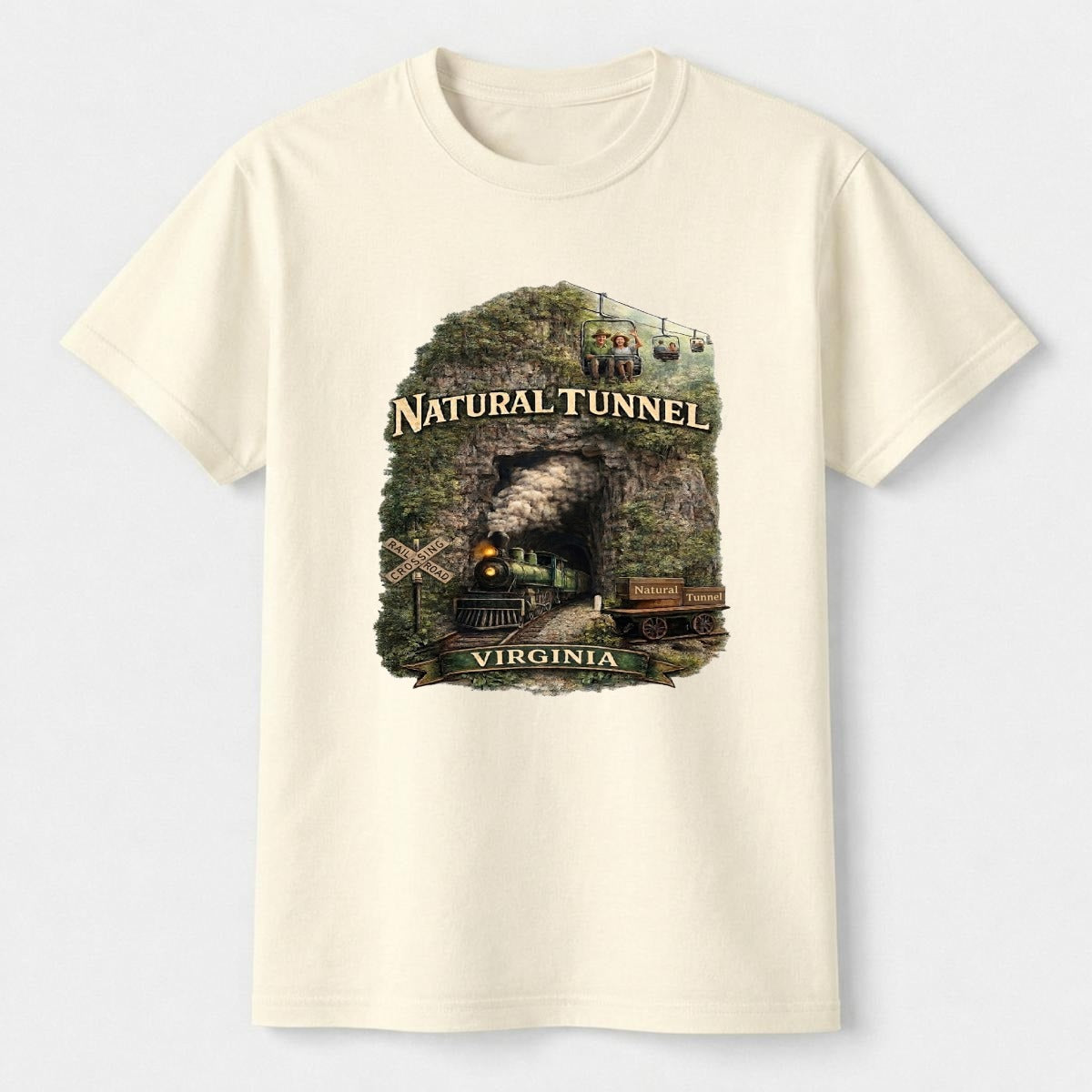 Woman on a city street modeling a tan-colored t-shirt with a scenic collage of a steam train and cave.