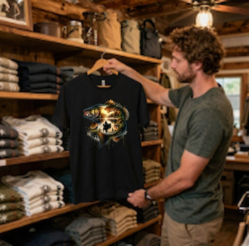 Man browsing folded Nature Tees in a rustic shop.