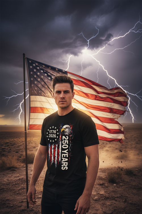 Man wearing a t-shirt with eagle, American flag design, standing in front of an American flag with lightning effects.