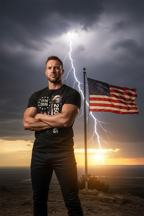 Person wearing a black t-shirt with an American flag in front of a dark sky with lightning.