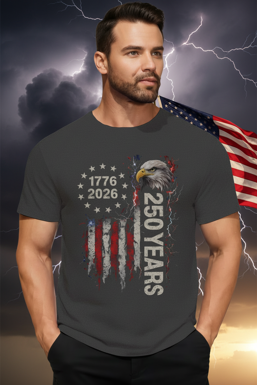 Man standing wearing a grey patriotic tee standing in front of a flag with a dramatic lightning in the background.