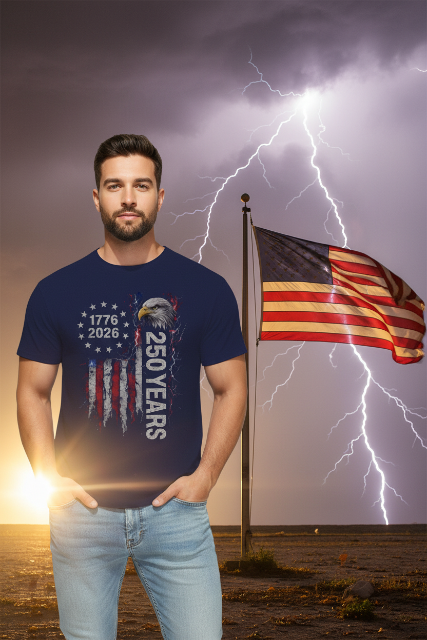 Man wearing a navy  t-shirt with a patriotic design, standing in front of a lightning-filled sky with an American flag