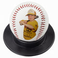 Custom photo baseball on black display stand, white background.
