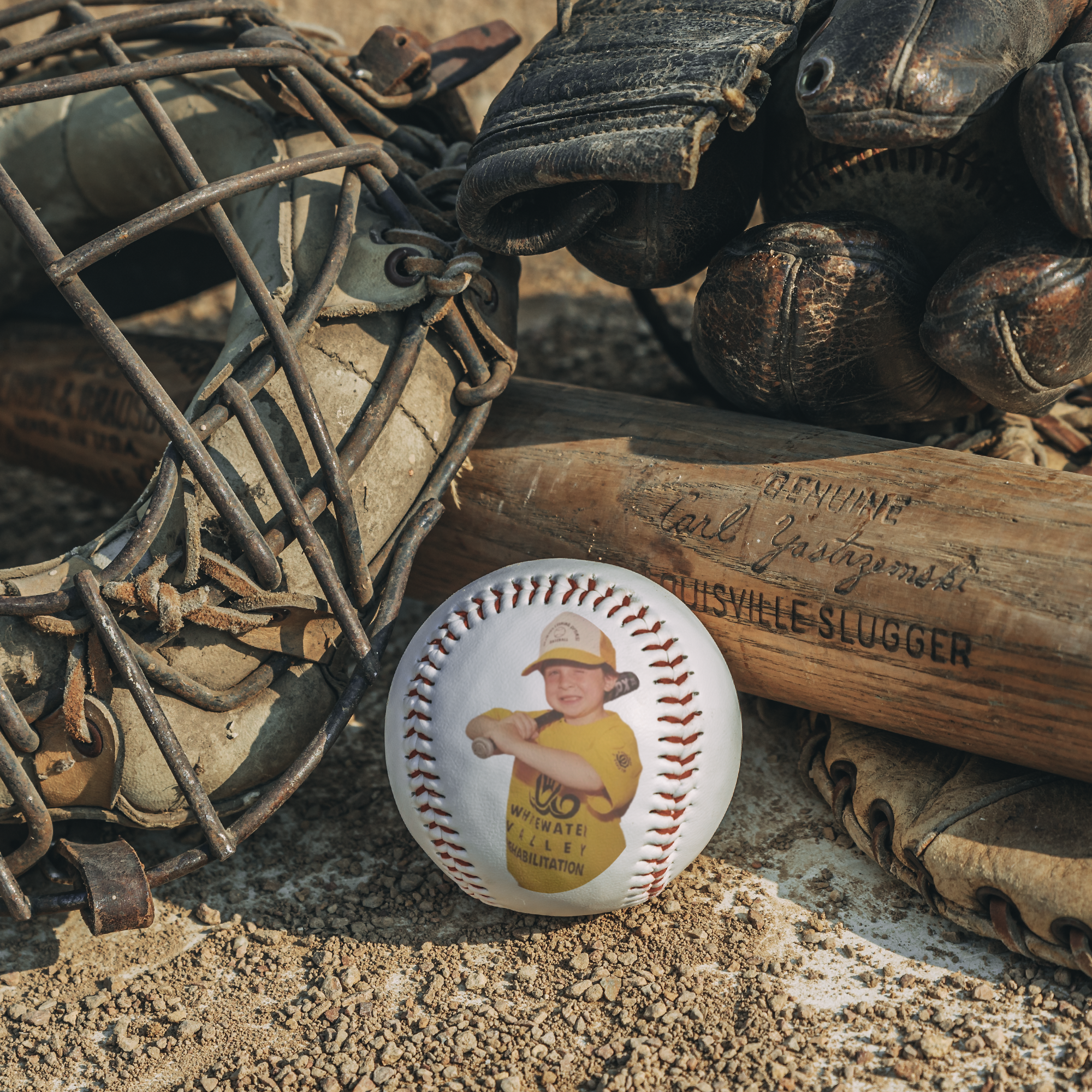Custom photo baseball on the ground in between rustic wooden bat-guard.