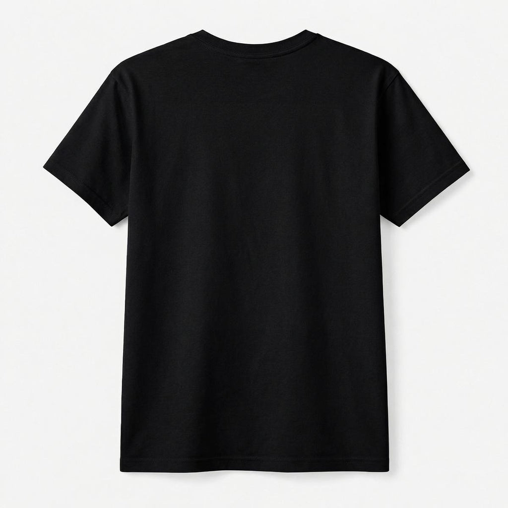 Black t-shirt on a light white background.