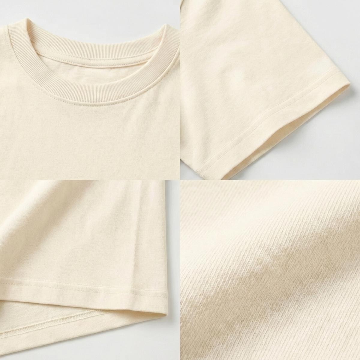 Sections of cream-colored t-shirt on a light white background.